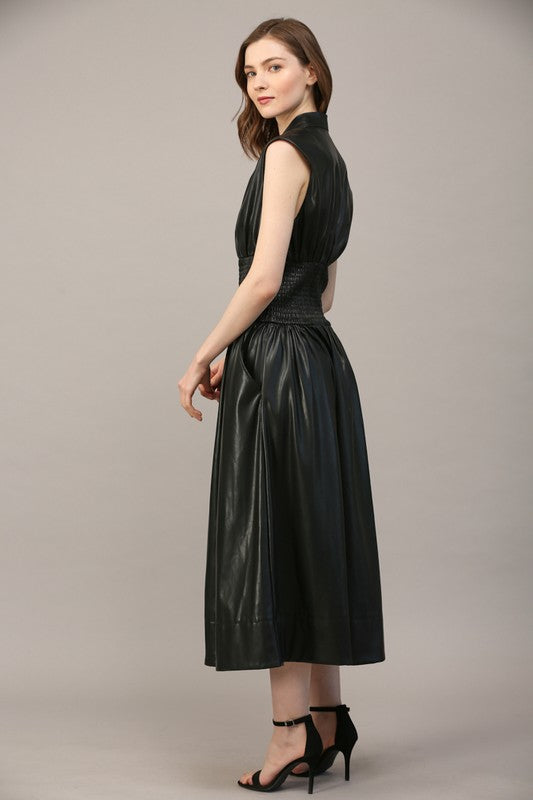Black Smocked Waist Leather Zip Dress