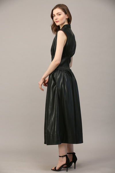 Black Smocked Waist Leather Zip Dress