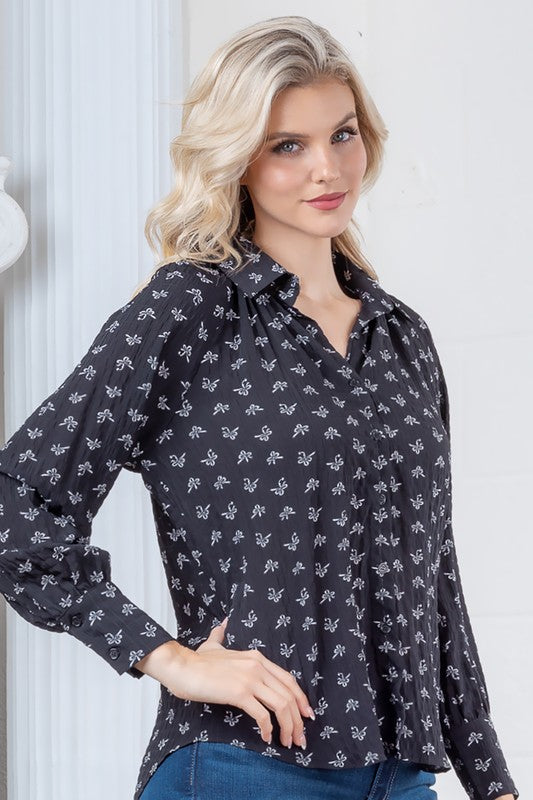 Black Bow Print Button Up Long Sleeve Top