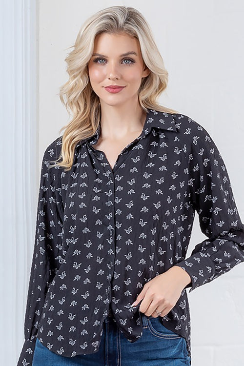 Black Bow Print Button Up Long Sleeve Top