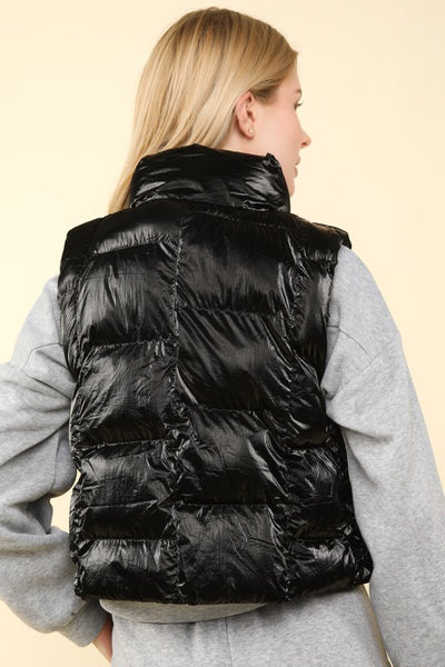 Black Metallic Zip Up Puffer Vest