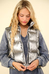 Silver Metallic Zip Up Puffer Jacket