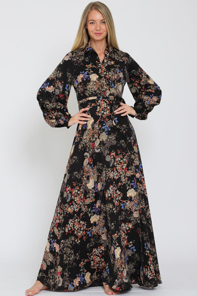 Black Multi Sleeve Band Shirt Collar Maxi Dress