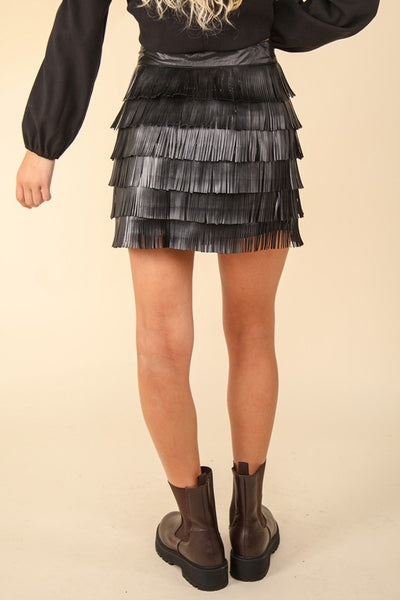 Black Vegan Leather Fringe Skirt