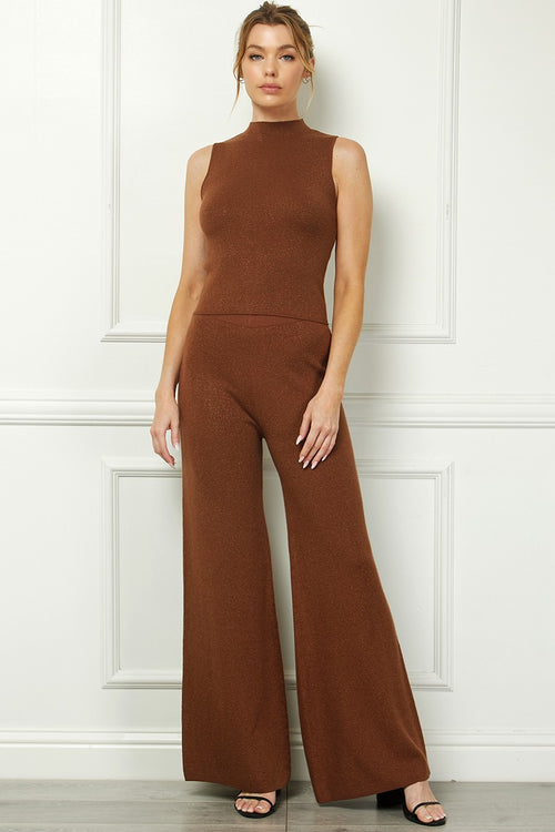 Brown Mock Neck Top & Wide Leg Pant Set