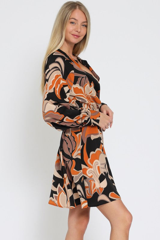 Black Beige Long Sleeve Wrap Mini Dress