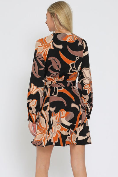 Black Beige Long Sleeve Wrap Mini Dress