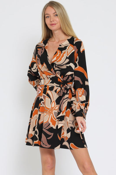 Black Beige Long Sleeve Wrap Mini Dress