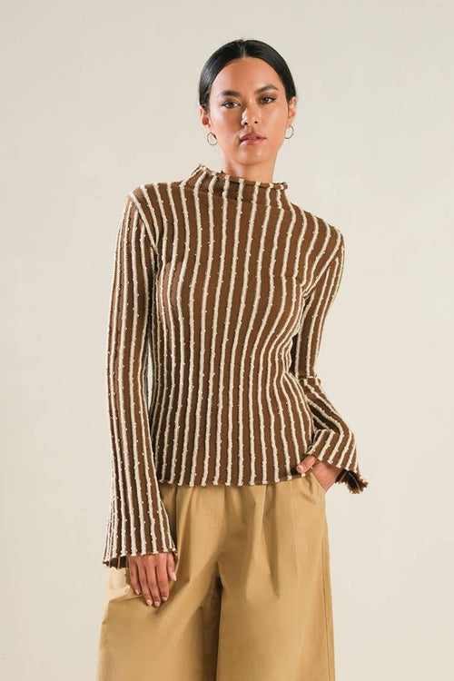 Brown Textured Stripe Mock Neck Sweater Top