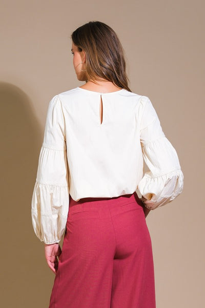 Ivory Woven Top With Lantern Sleeve