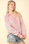 Pink Solid Contrast Collar Button Knit Top