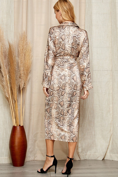 Snake Skin Print Satin Button Down Dress