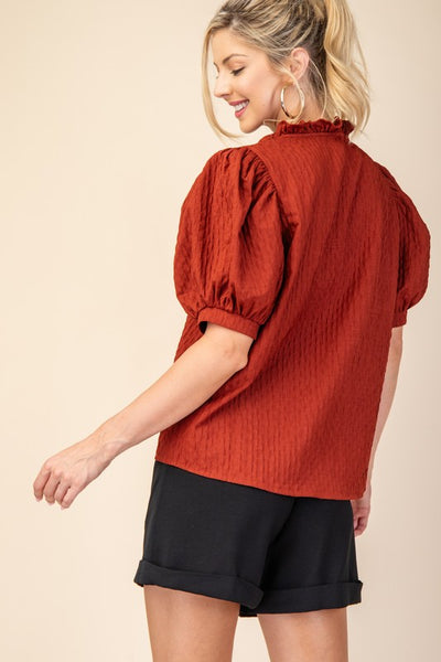 Rust Ruffle V-Neck Puff Sleeve Top