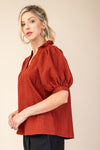 Rust Ruffle V-Neck Puff Sleeve Top