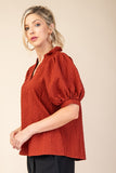 Rust Ruffle V-Neck Puff Sleeve Top