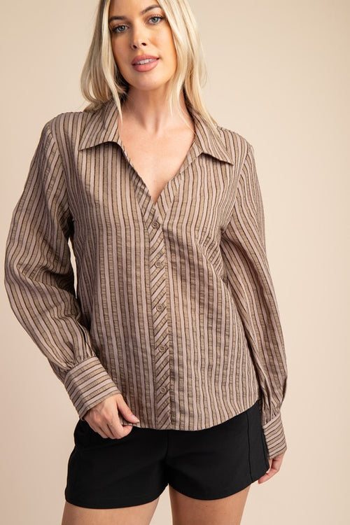 Brown V-Neck Collar Stripe Button Down