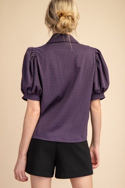 Purple V-Neck Collar Puff Sleeve Top