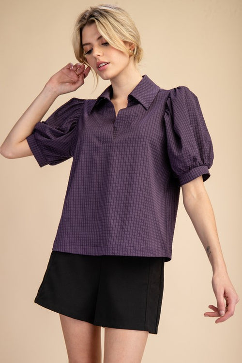 Purple V-Neck Collar Puff Sleeve Top