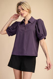 Purple V-Neck Collar Puff Sleeve Top