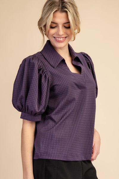 Purple V-Neck Collar Puff Sleeve Top