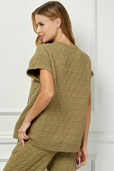 Olive Sequins Detailed Quilted Short Sleeve Top