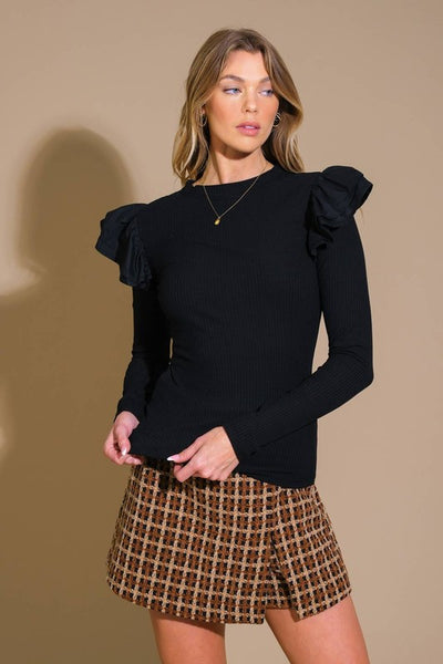 Black Ribbed Long Sleeve Top With Shoulder Ruffle Detail