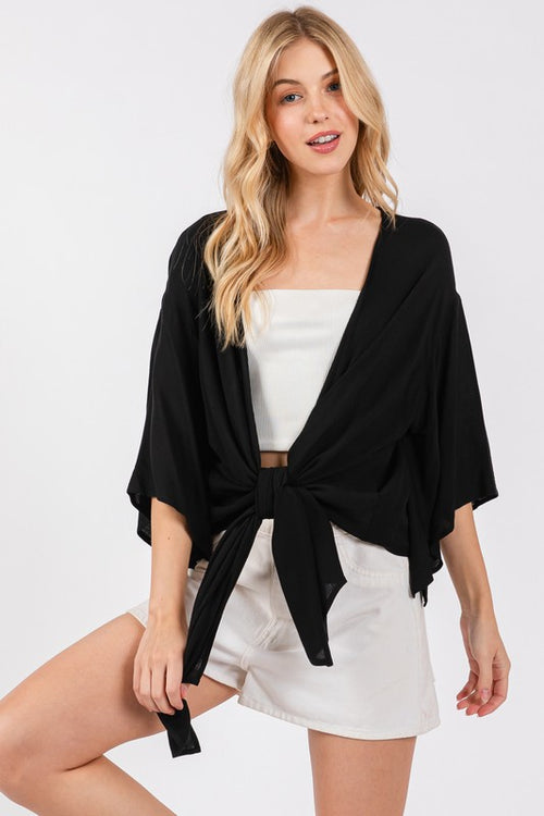 Black Tie Front Short Kimono Cardigan