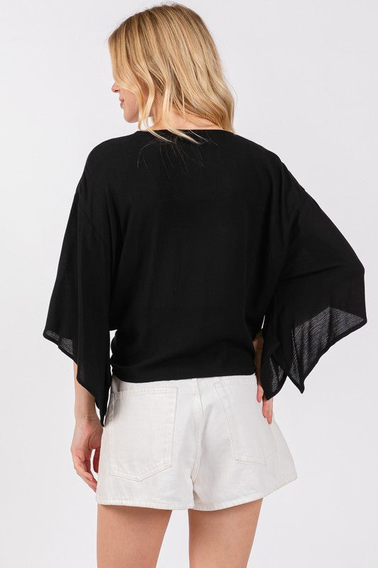 Black Tie Front Short Kimono Cardigan
