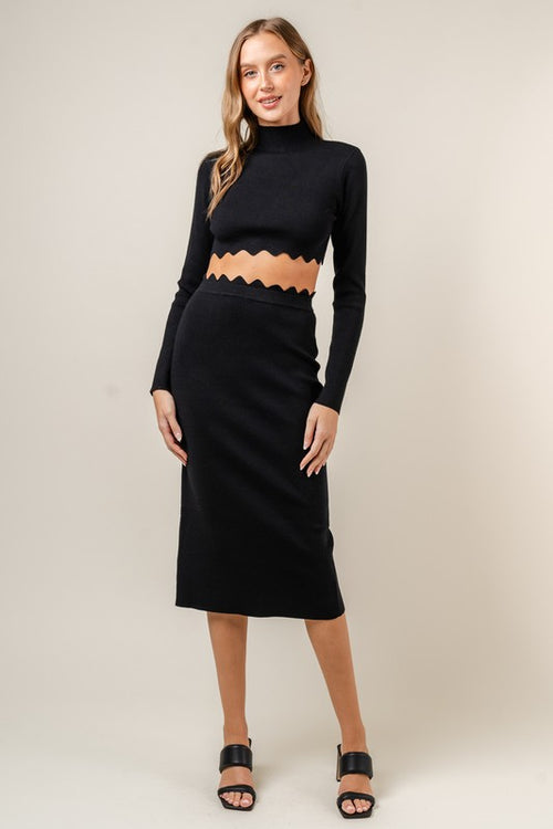 Black Scalloped Long Sleeve and Midi Skirt Set