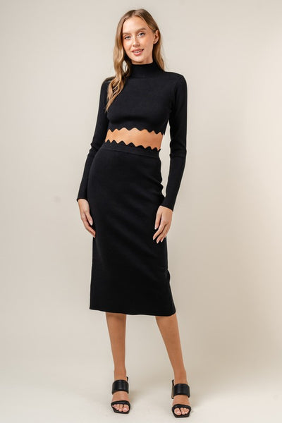 Black Scalloped Long Sleeve and Midi Skirt Set