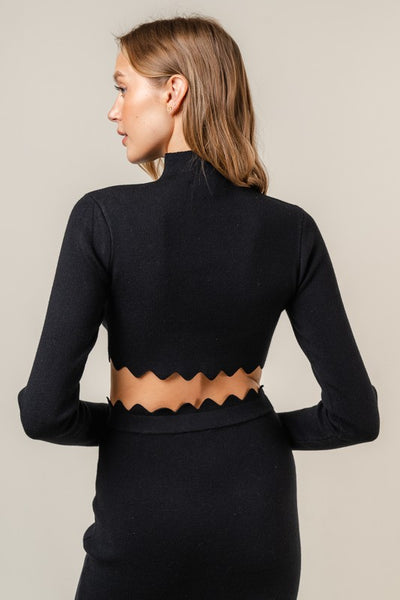 Black Scalloped Long Sleeve and Midi Skirt Set