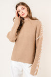 Tan Baseball Stitch Mock Neck Sweater