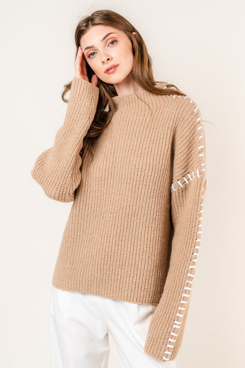 Tan Baseball Stitch Mock Neck Sweater