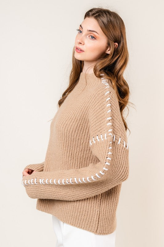 Tan Baseball Stitch Mock Neck Sweater