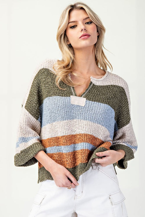 Fern Striped Notched Collar Sweater