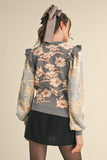 Grey Floral Mixed Media Sweater Top