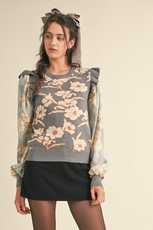 Grey Floral Mixed Media Sweater Top