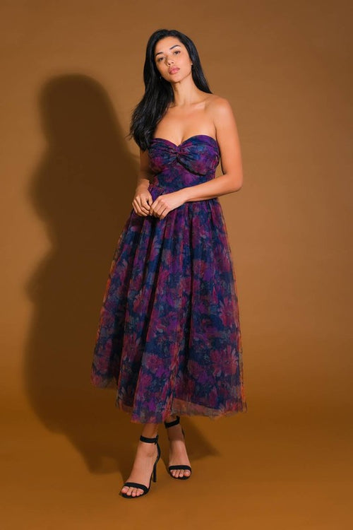 Organza Print Twisted Sweetheart Midi Dress