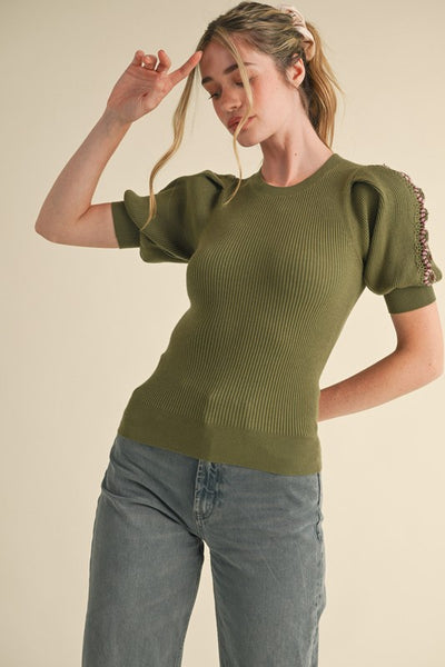 Olive Ribbed Puff Sleeve Sweater