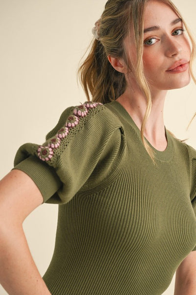 Olive Ribbed Puff Sleeve Sweater