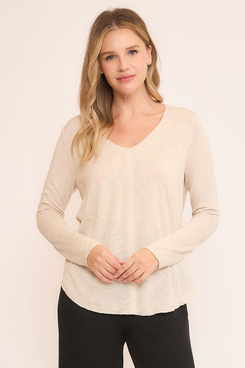 Natural V-Neck Split Center Top With Raw Edge Detail