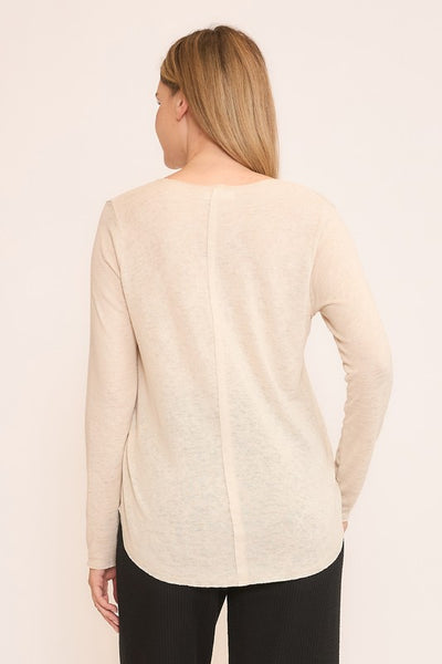 Natural V-Neck Split Center Top With Raw Edge Detail