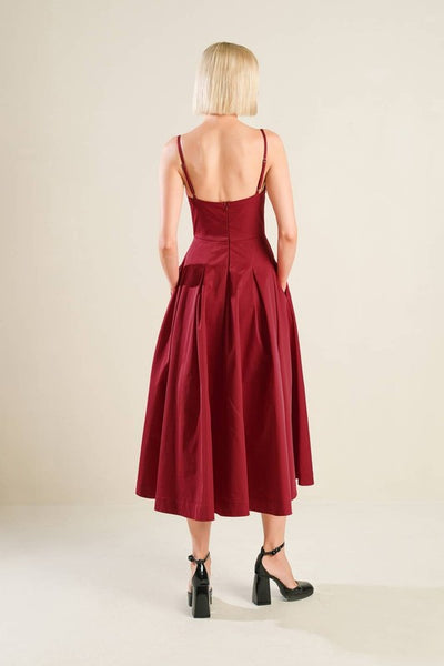 Crimson Sweetheart Neckline Midi Dress