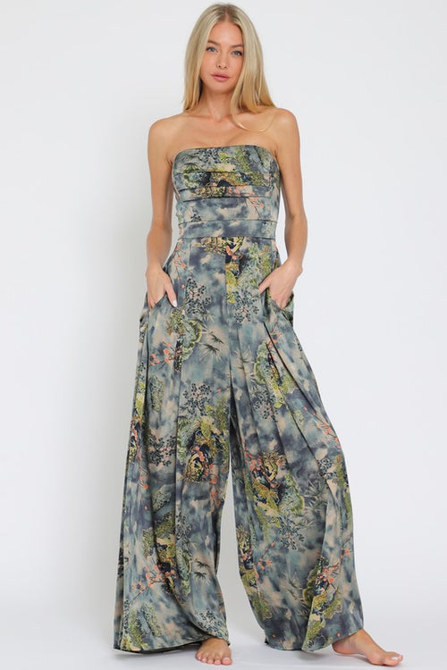 Navy Multi Print Tube Tie Jumpsuit
