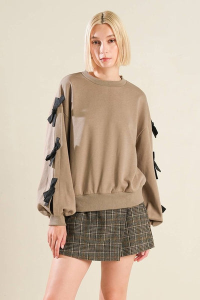 Taupe Crew Neck with Black Bow Detail