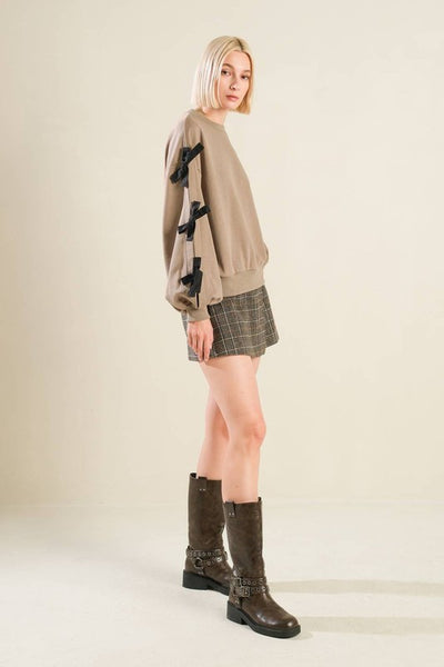 Taupe Crew Neck with Black Bow Detail