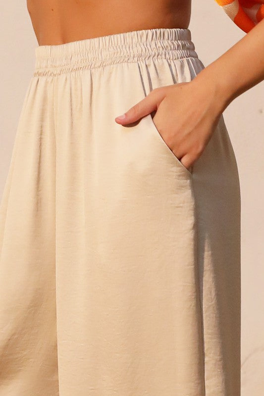 Ivory Lux Stretch Satin Wide Leg Pants