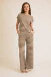 Brown Striped Short Sleeve Pant Set