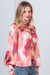 Multi Color Flowy Blouse with Neck Tie and Smocking Detail