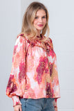 Multi Color Flowy Blouse with Neck Tie and Smocking Detail